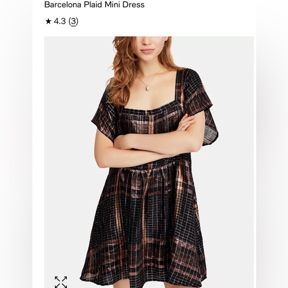 Free People Bronze Metallic Plaid Oversized Mini Dress Badydoll Dress Size XS - Picture 1 of 16